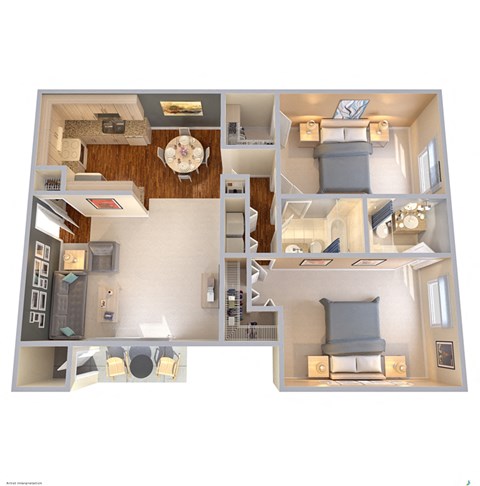 Floor plan for 2 beds, 2 baths, 952 sqft
